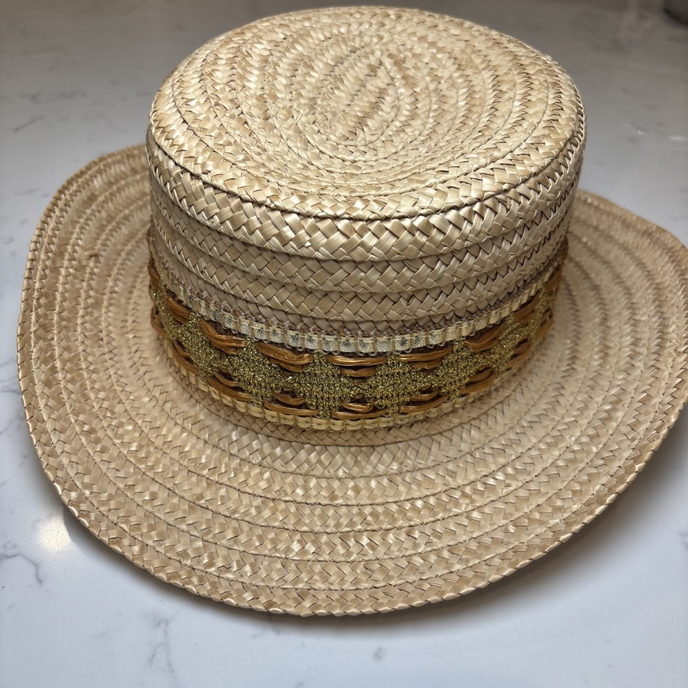 Miriam Lefcourt Elegantly Yours‎ Hand Crafted In Italy Straw Brim Hat Gold Brown